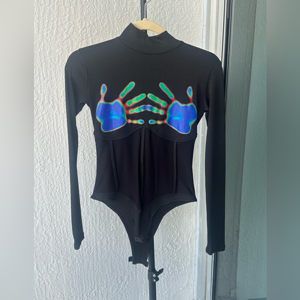 Black Bodysuit with Colorful Handprint Design
